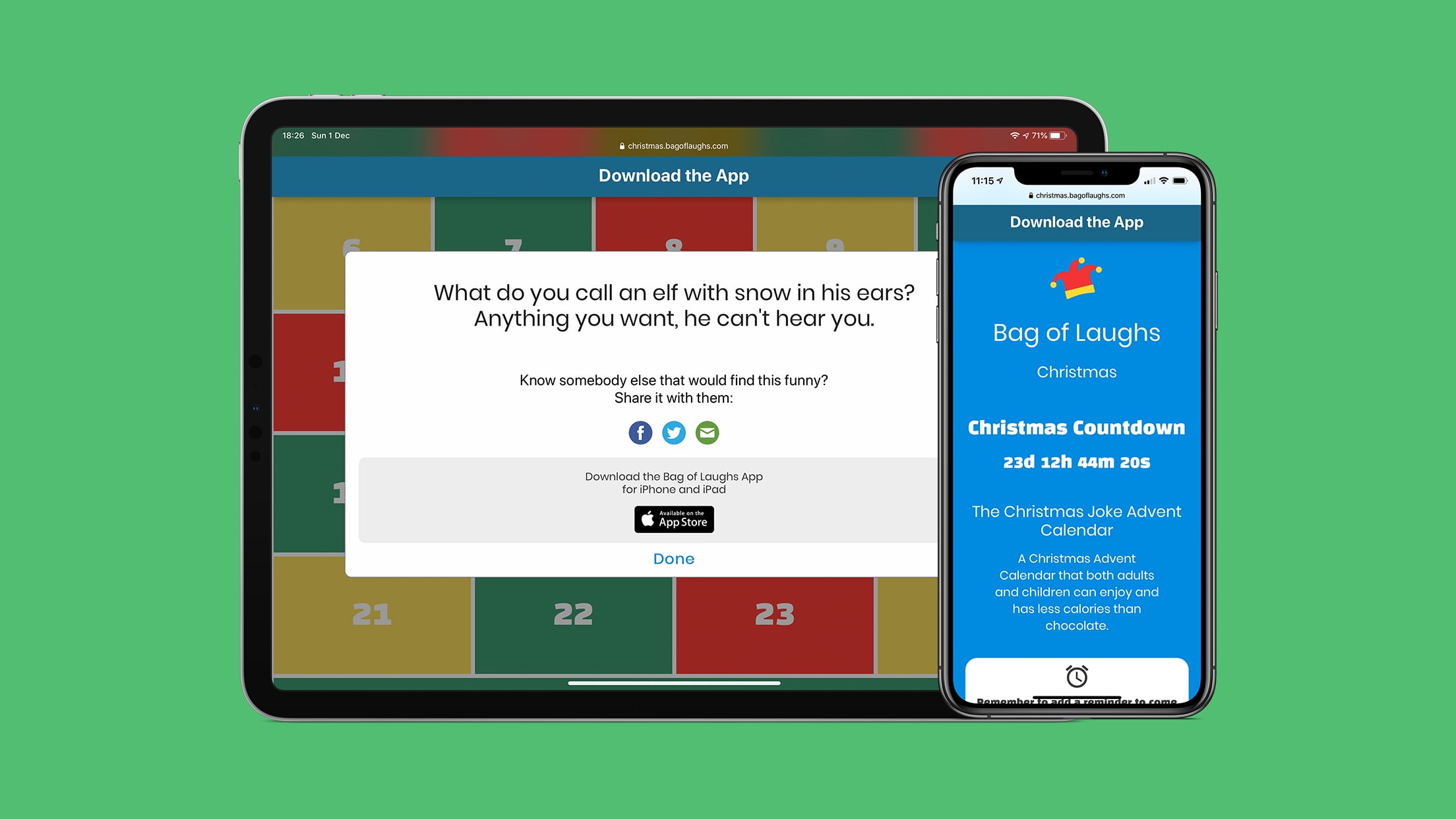 Bag of Laughs Advent Calendar running on iPad and iPhone.