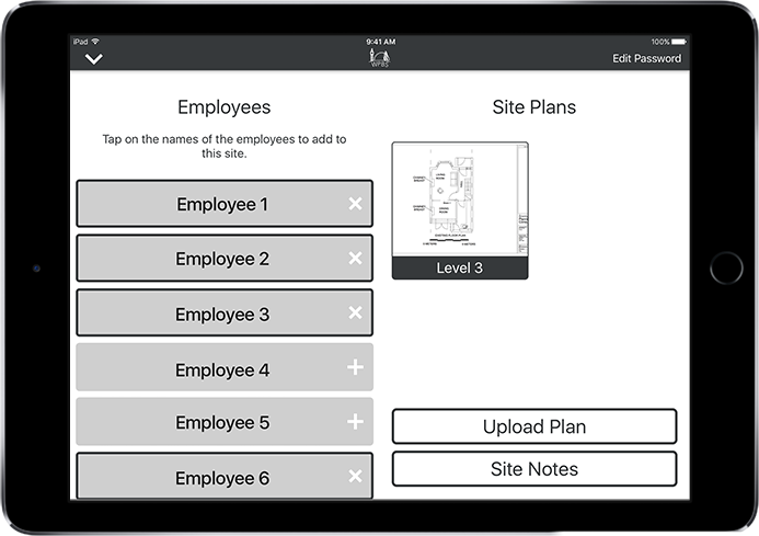 Building Site Manager app settings UI on iPad with Site Plans